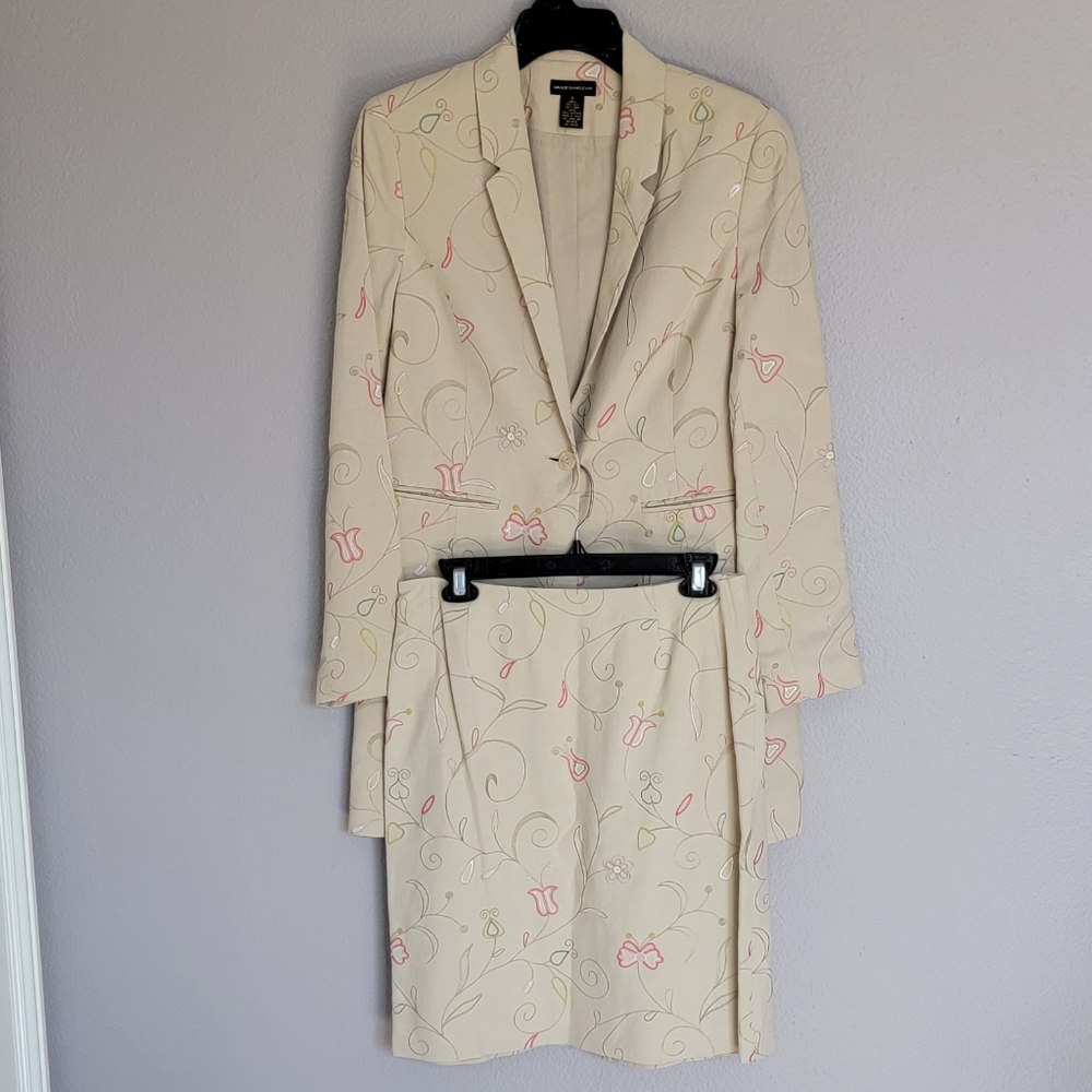 GRACE DANELEWIS EMBROIDERED SILK& LINEN BLAZER SKIRT SUIT SET/Size 6